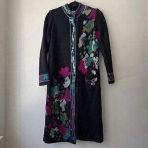 J. JILL Black Floral Jacquard Long Sweater Duster Coat Cardigan w/ Pockets XS